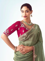 Thumbnail for Monjolika Fashion Sage Green Embroidered Cut Work Fancy Fabric Ceremonial Designer Saree