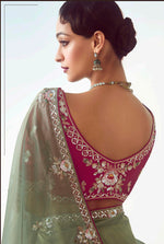 Thumbnail for Monjolika Fashion Sage Green Embroidered Cut Work Fancy Fabric Ceremonial Designer Saree