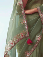 Thumbnail for Monjolika Fashion Sage Green Embroidered Cut Work Fancy Fabric Ceremonial Designer Saree