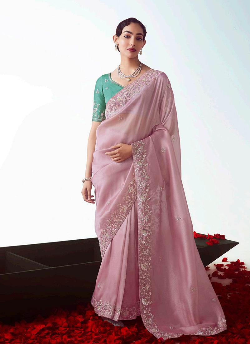 Monjolika Fashion Light Pink Embroidered Cut Work Fancy Fabric Ceremonial Designer Saree