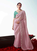 Thumbnail for Monjolika Fashion Light Pink Embroidered Cut Work Fancy Fabric Ceremonial Designer Saree