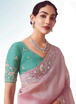 Thumbnail for Monjolika Fashion Light Pink Embroidered Cut Work Fancy Fabric Ceremonial Designer Saree