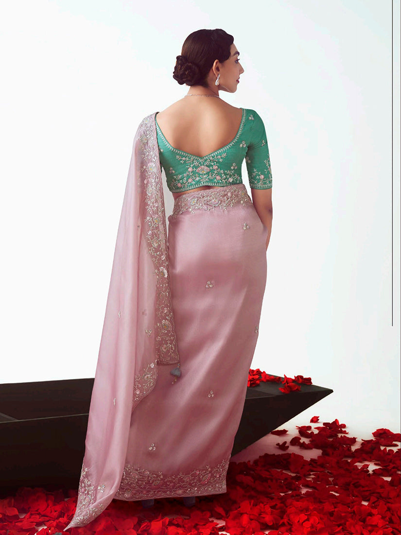 Monjolika Fashion Light Pink Embroidered Cut Work Fancy Fabric Ceremonial Designer Saree