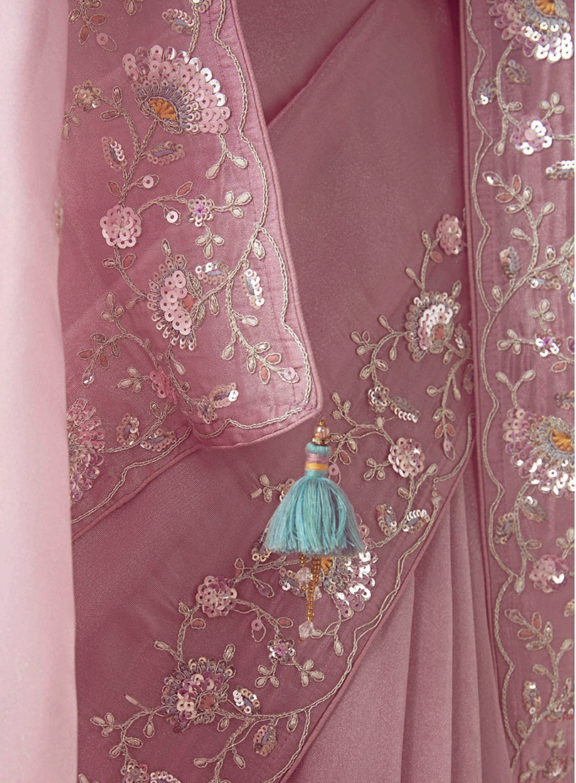 Monjolika Fashion Light Pink Embroidered Cut Work Fancy Fabric Ceremonial Designer Saree