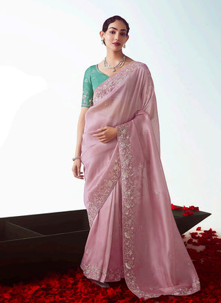 Monjolika Fashion Light Pink Embroidered Cut Work Fancy Fabric Ceremonial Designer Saree
