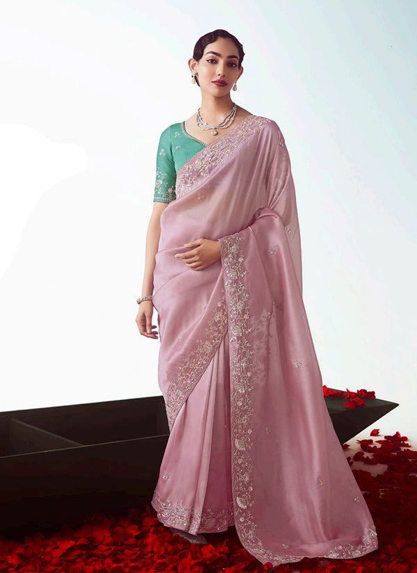 Monjolika Fashion Light Pink Embroidered Cut Work Fancy Fabric Ceremonial Designer Saree
