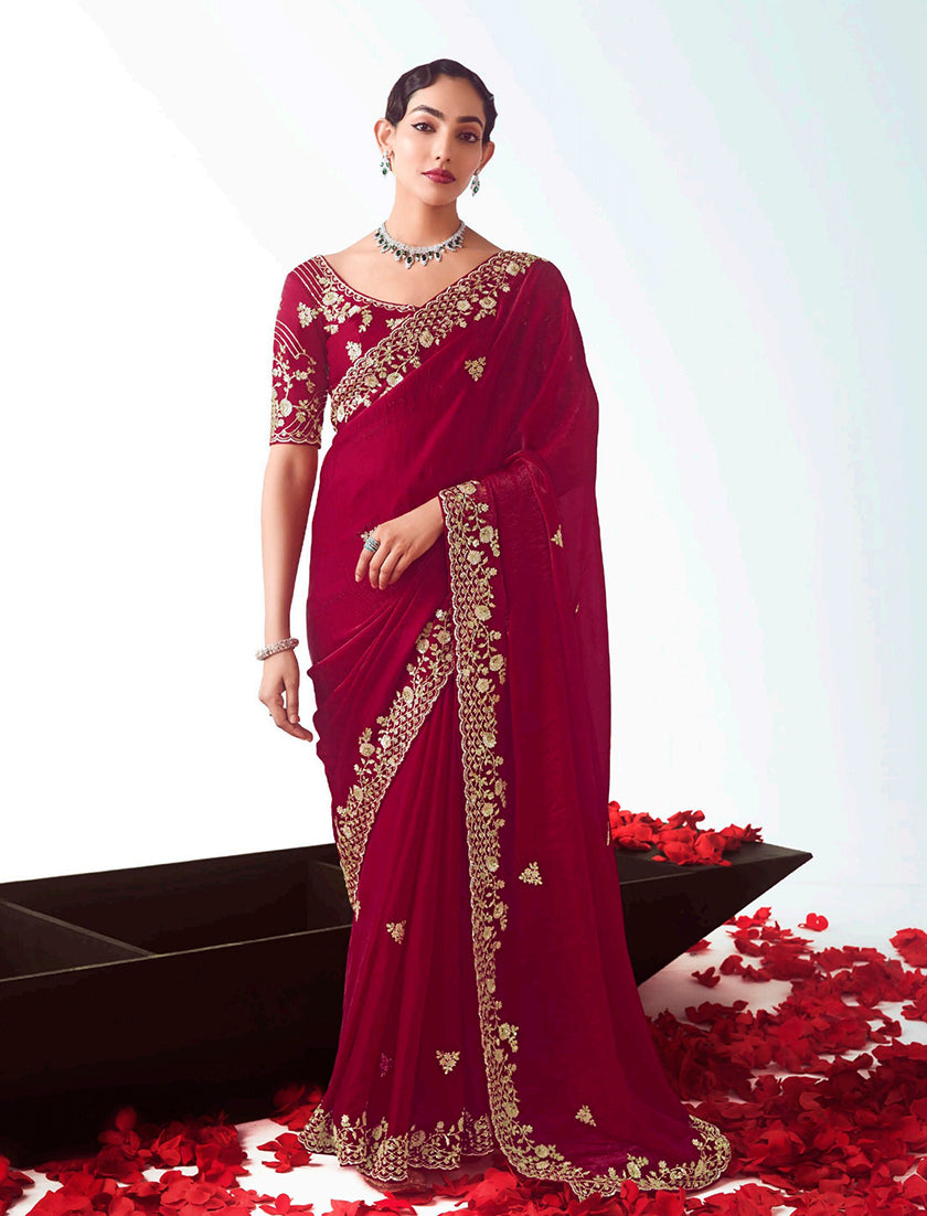 Monjolika Fashion Rani Pink Embroidered Cut Work Fancy Fabric Ceremonial Designer Saree