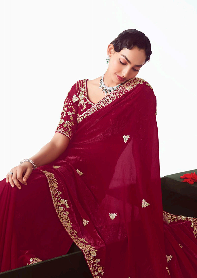 Monjolika Fashion Rani Pink Embroidered Cut Work Fancy Fabric Ceremonial Designer Saree