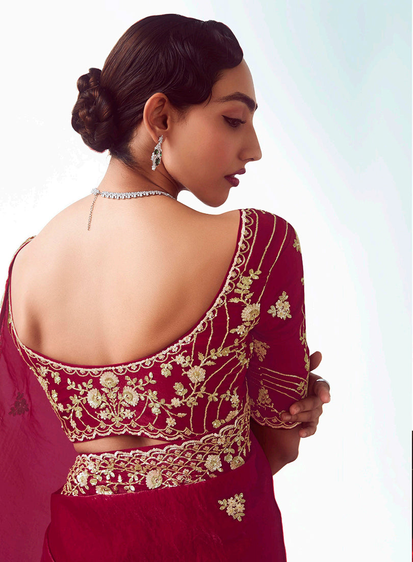 Monjolika Fashion Rani Pink Embroidered Cut Work Fancy Fabric Ceremonial Designer Saree
