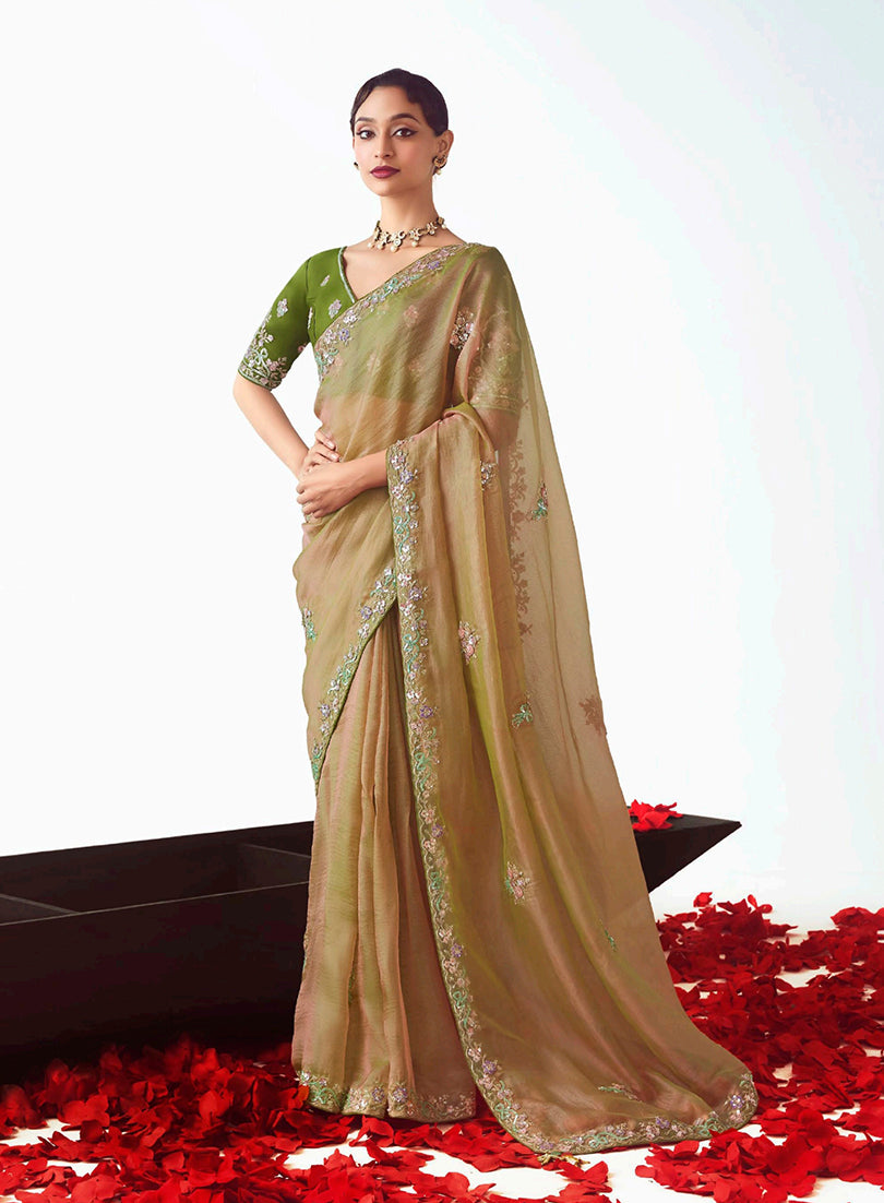 Monjolika Fashion Beige Embroidered Cut Work Fancy Fabric Ceremonial Designer Saree