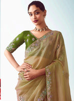 Thumbnail for Monjolika Fashion Beige Embroidered Cut Work Fancy Fabric Ceremonial Designer Saree