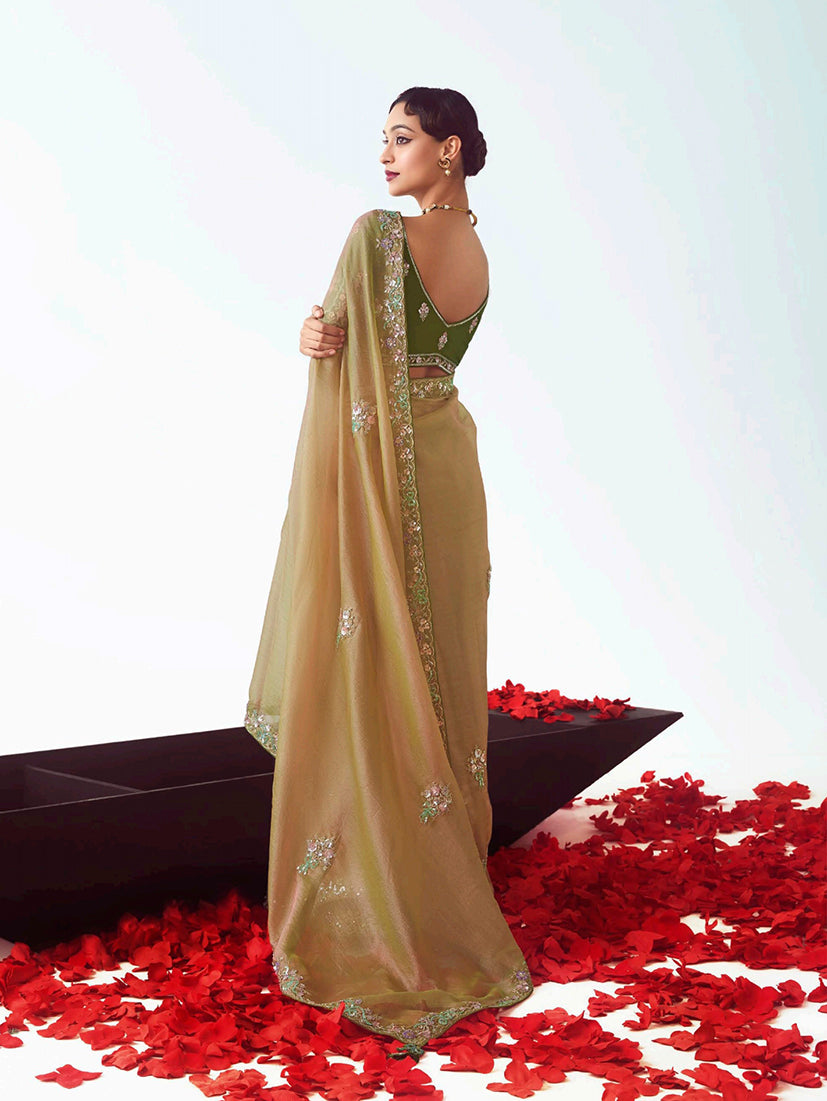 Monjolika Fashion Beige Embroidered Cut Work Fancy Fabric Ceremonial Designer Saree