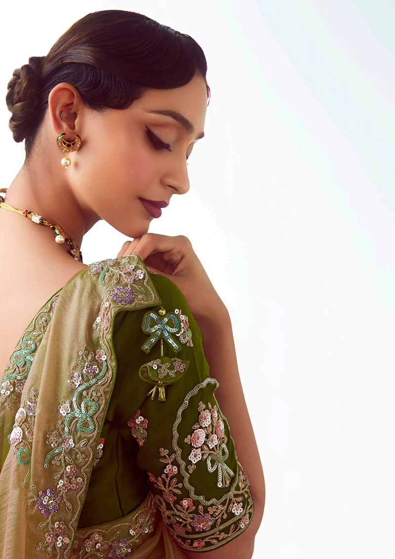 Monjolika Fashion Beige Embroidered Cut Work Fancy Fabric Ceremonial Designer Saree