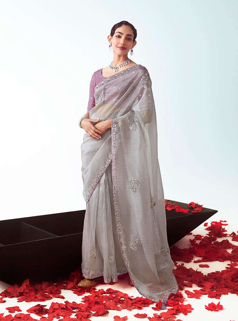 Monjolika Fashion Grey Embroidered Cut Work Fancy Fabric Ceremonial Designer Saree