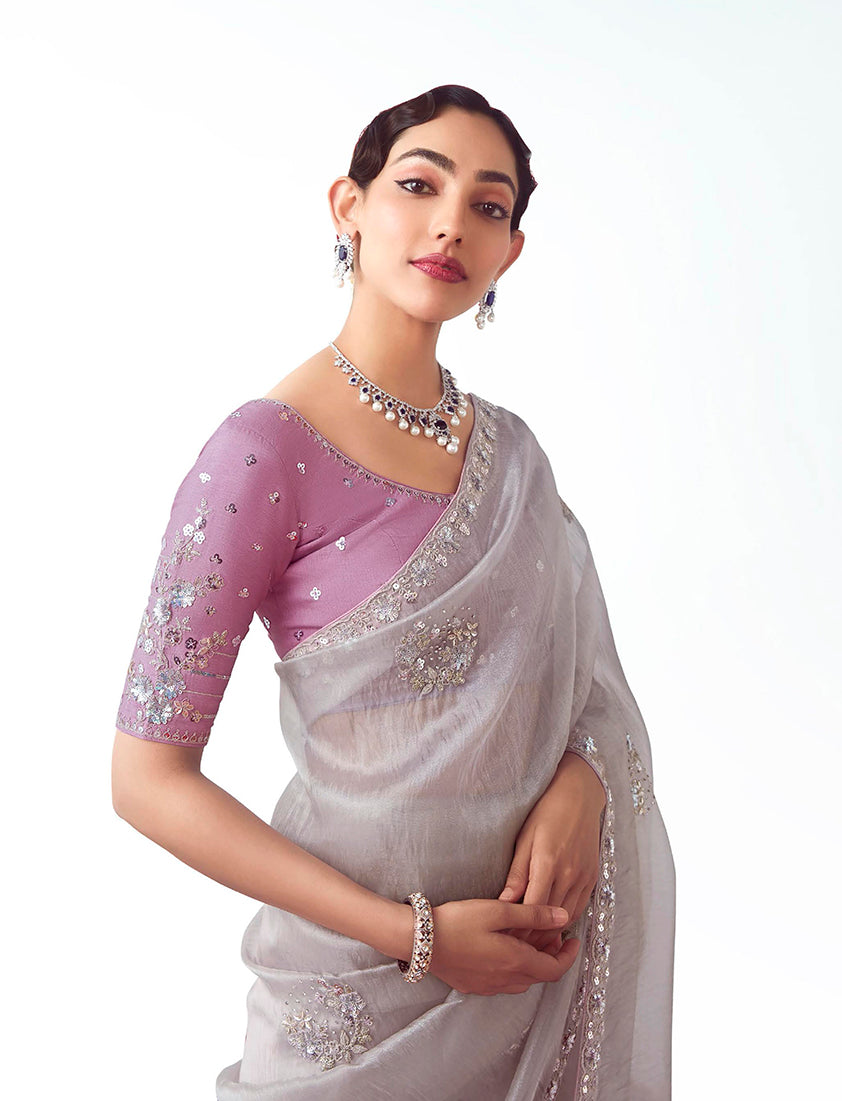 Monjolika Fashion Grey Embroidered Cut Work Fancy Fabric Ceremonial Designer Saree