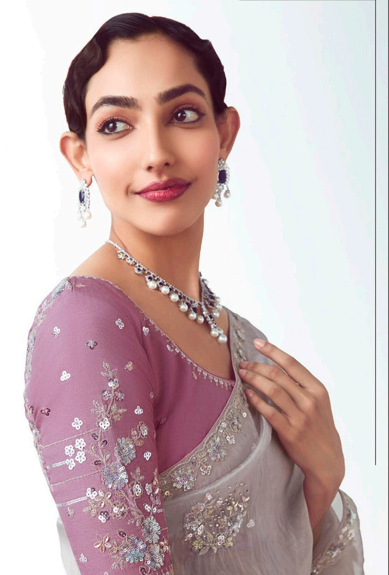 Monjolika Fashion Grey Embroidered Cut Work Fancy Fabric Ceremonial Designer Saree