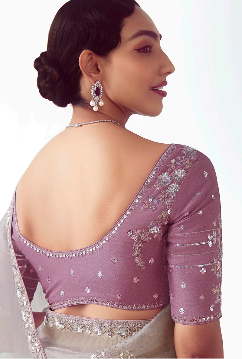Monjolika Fashion Grey Embroidered Cut Work Fancy Fabric Ceremonial Designer Saree