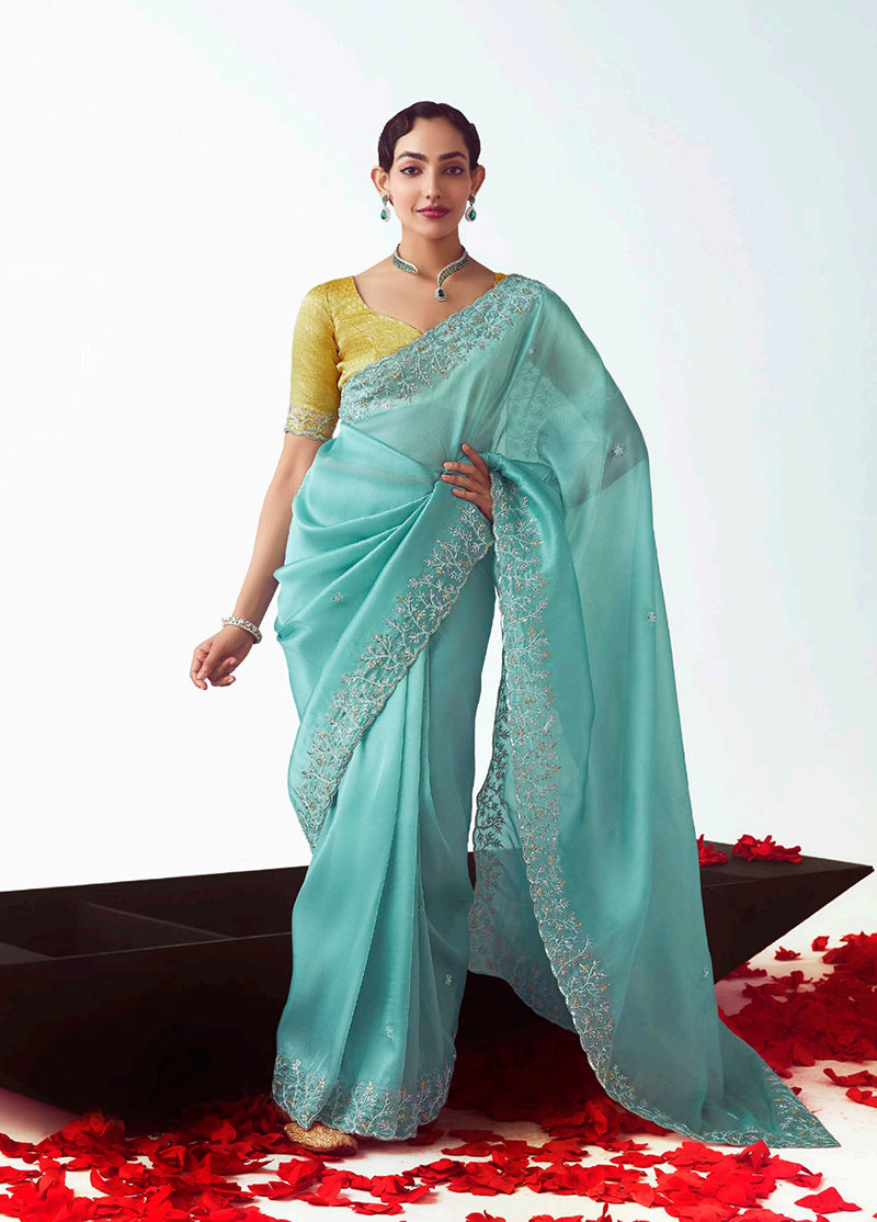 Monjolika Fashion Aqua Blue Embroidered Cut Work Fancy Fabric Ceremonial Designer Saree