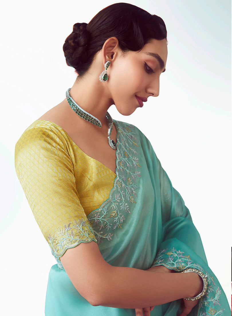 Monjolika Fashion Aqua Blue Embroidered Cut Work Fancy Fabric Ceremonial Designer Saree