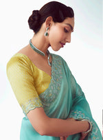 Thumbnail for Monjolika Fashion Aqua Blue Embroidered Cut Work Fancy Fabric Ceremonial Designer Saree