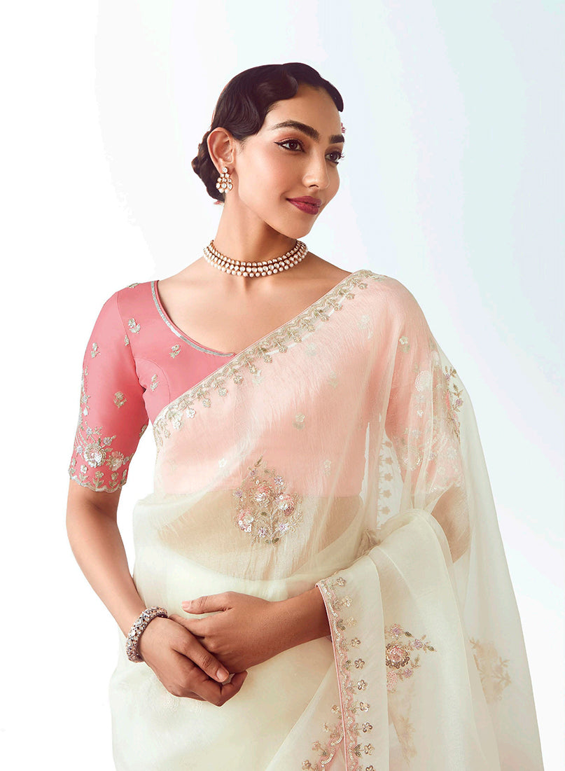Monjolika Fashion White Embroidered Cut Work Fancy Fabric Ceremonial Designer Saree - Distacart