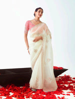Thumbnail for Monjolika Fashion White Embroidered Cut Work Fancy Fabric Ceremonial Designer Saree - Distacart