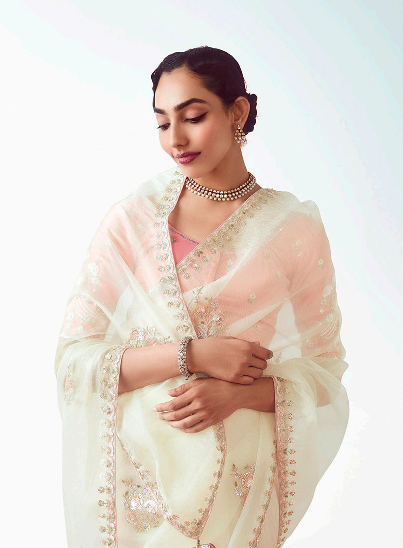 Monjolika Fashion White Embroidered Cut Work Fancy Fabric Ceremonial Designer Saree - Distacart
