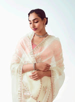Thumbnail for Monjolika Fashion White Embroidered Cut Work Fancy Fabric Ceremonial Designer Saree - Distacart