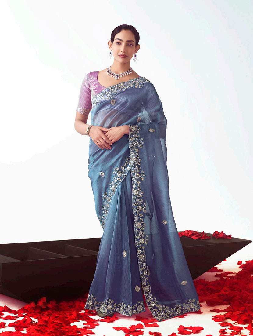 Monjolika Fashion Light Indigo Embroidered Cut Work Fancy Fabric Ceremonial Designer Saree