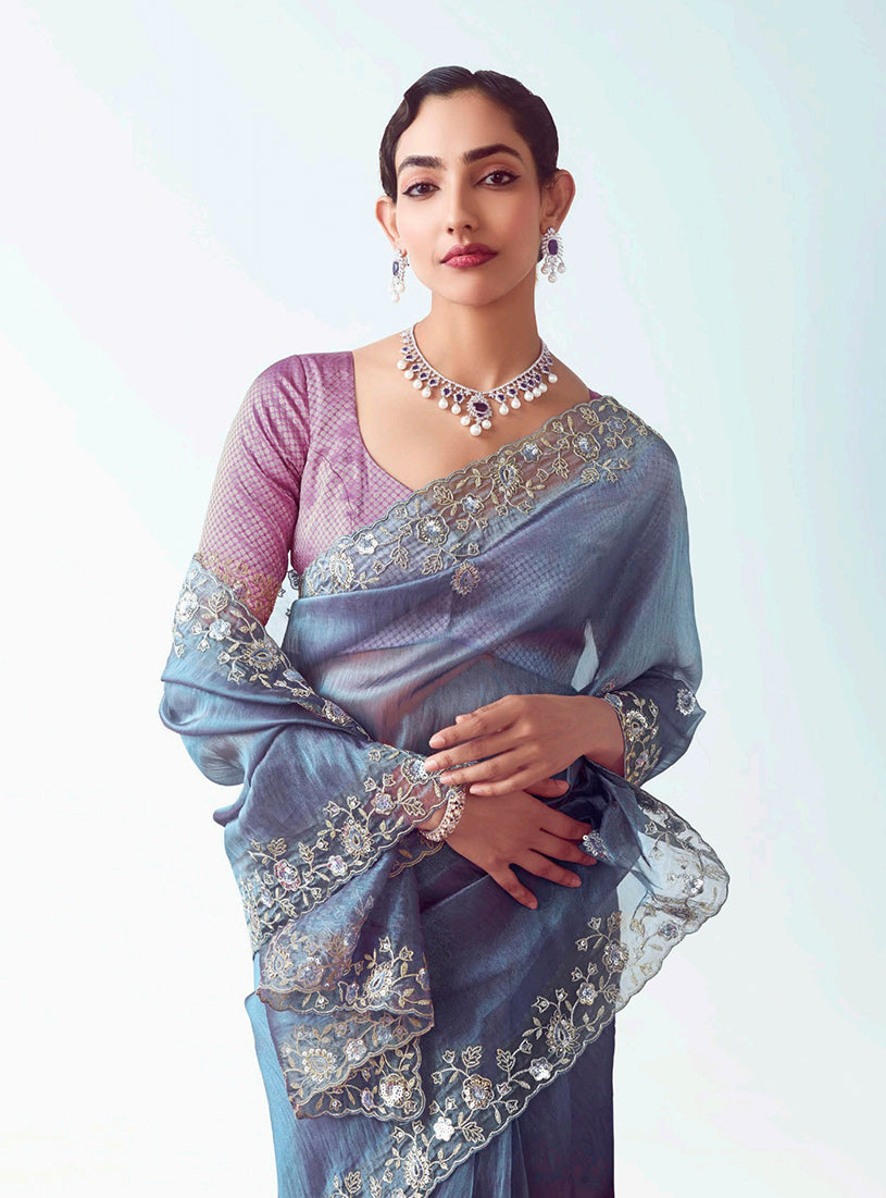 Monjolika Fashion Light Indigo Embroidered Cut Work Fancy Fabric Ceremonial Designer Saree