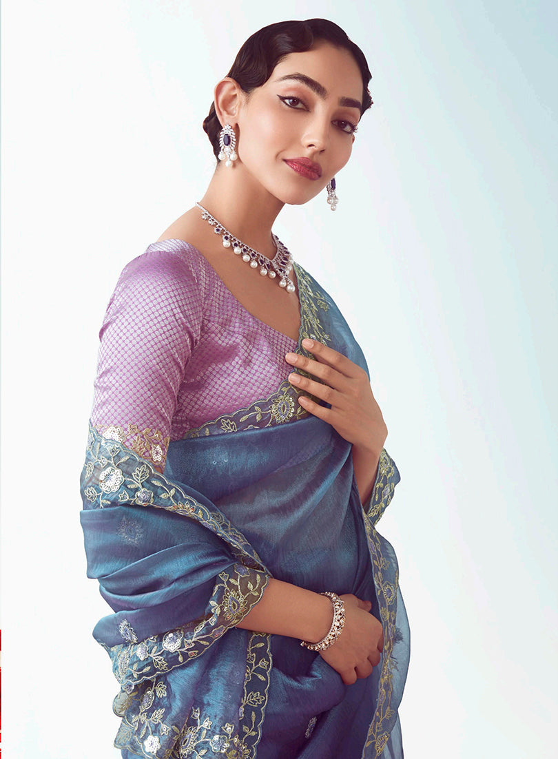 Monjolika Fashion Light Indigo Embroidered Cut Work Fancy Fabric Ceremonial Designer Saree