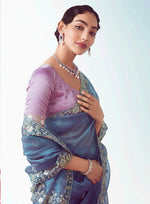 Thumbnail for Monjolika Fashion Light Indigo Embroidered Cut Work Fancy Fabric Ceremonial Designer Saree
