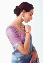 Thumbnail for Monjolika Fashion Light Indigo Embroidered Cut Work Fancy Fabric Ceremonial Designer Saree