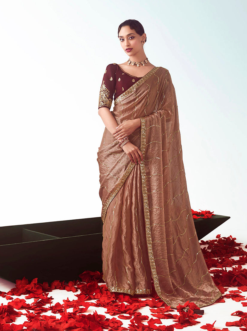 Monjolika Fashion Brown Embroidered Cut Work Fancy Fabric Ceremonial Designer Saree
