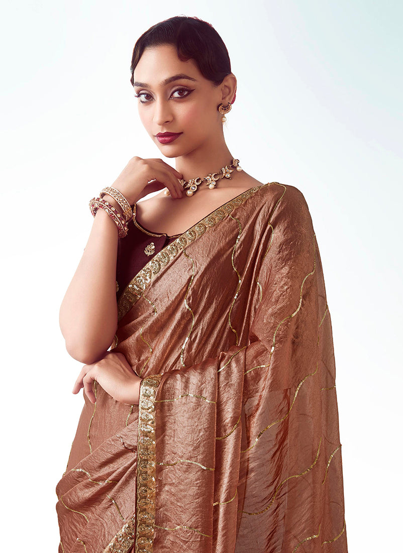 Monjolika Fashion Brown Embroidered Cut Work Fancy Fabric Ceremonial Designer Saree
