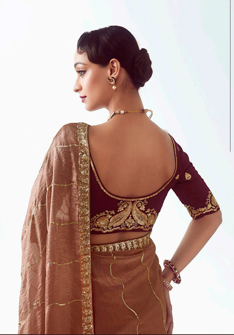 Monjolika Fashion Brown Embroidered Cut Work Fancy Fabric Ceremonial Designer Saree