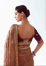 Thumbnail for Monjolika Fashion Brown Embroidered Cut Work Fancy Fabric Ceremonial Designer Saree