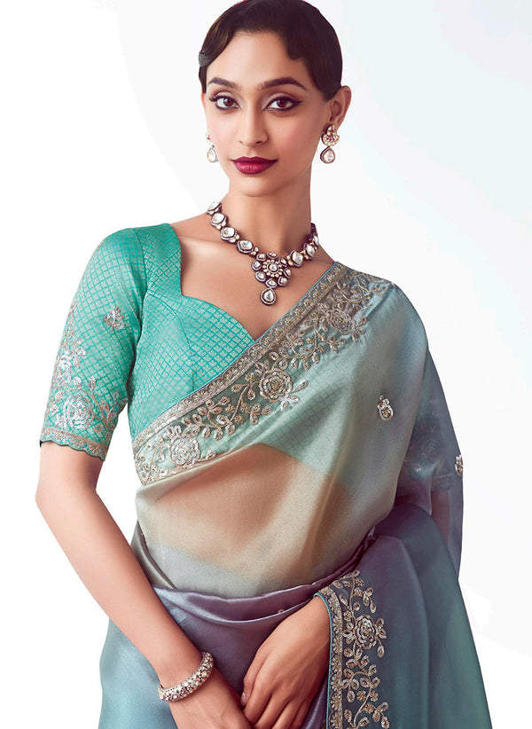 Monjolika Fashion Multi Color Embroidered Cut Work Fancy Fabric Ceremonial Designer Saree