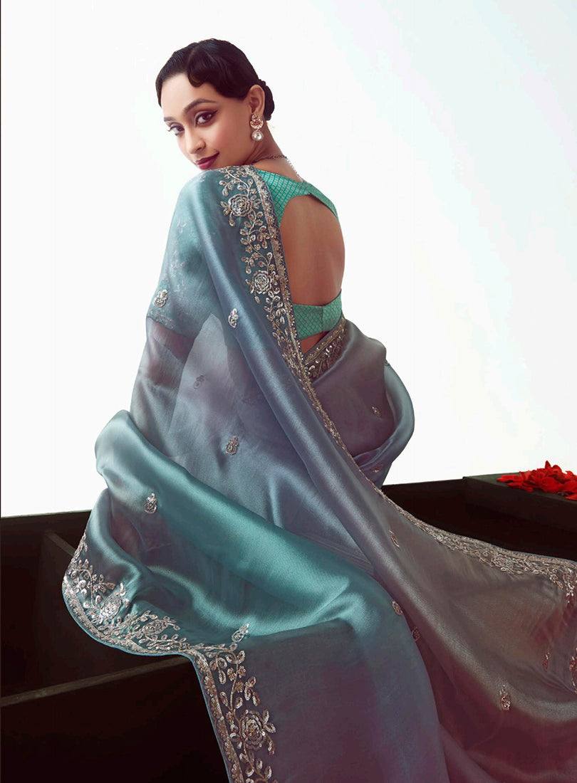 Monjolika Fashion Multi Color Embroidered Cut Work Fancy Fabric Ceremonial Designer Saree