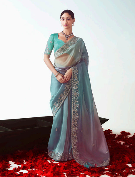 Monjolika Fashion Multi Color Embroidered Cut Work Fancy Fabric Ceremonial Designer Saree