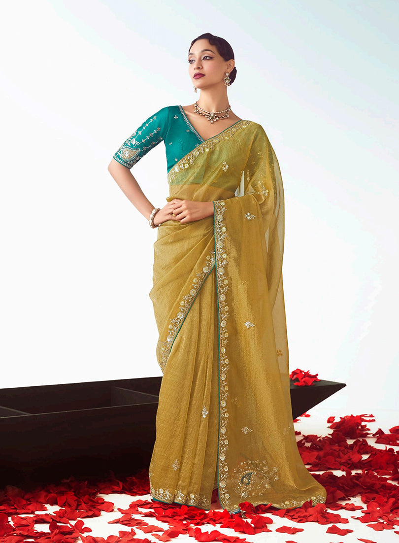Monjolika Fashion Olive Embroidered Cut Work Fancy Fabric Ceremonial Designer Saree