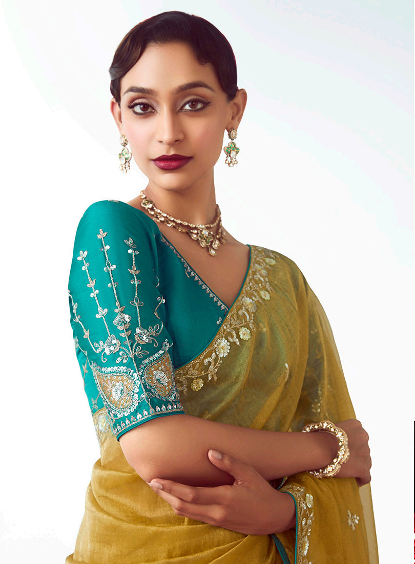 Monjolika Fashion Olive Embroidered Cut Work Fancy Fabric Ceremonial Designer Saree