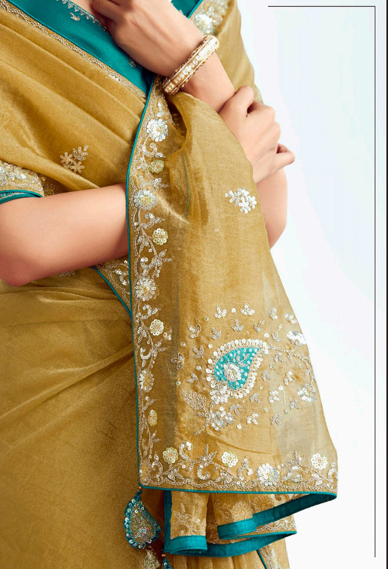 Monjolika Fashion Olive Embroidered Cut Work Fancy Fabric Ceremonial Designer Saree