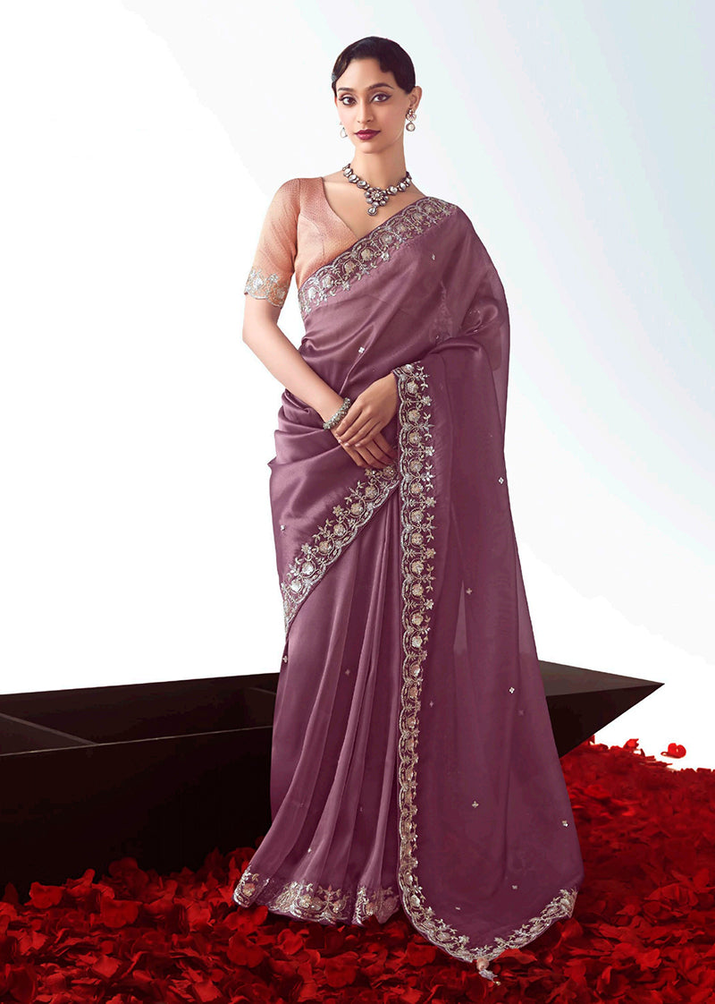Monjolika Fashion Onion Pink Embroidered Cut Work Fancy Fabric Ceremonial Designer Saree