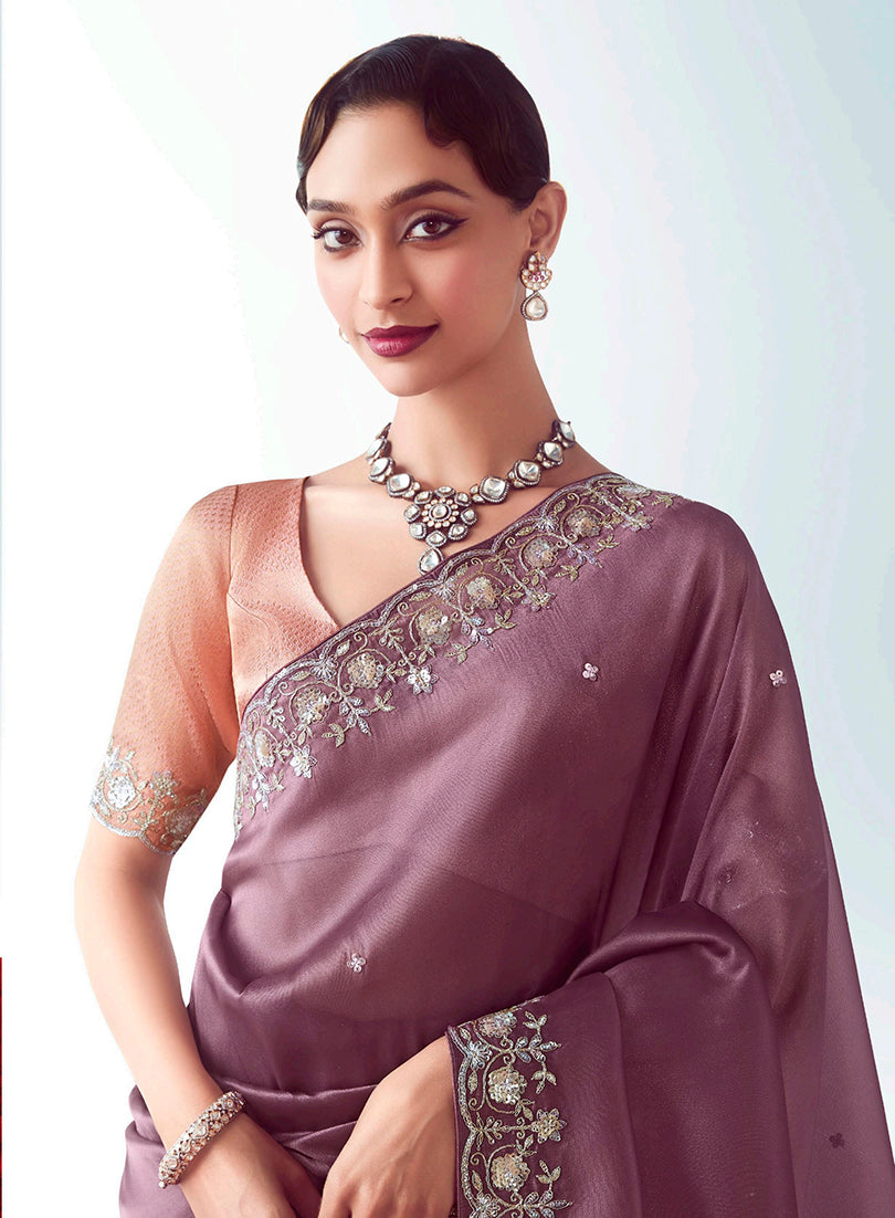 Monjolika Fashion Onion Pink Embroidered Cut Work Fancy Fabric Ceremonial Designer Saree