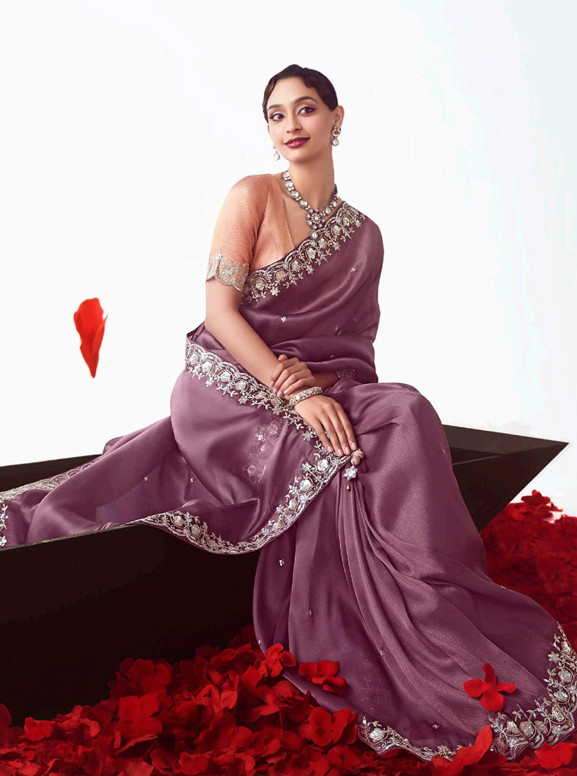 Monjolika Fashion Onion Pink Embroidered Cut Work Fancy Fabric Ceremonial Designer Saree