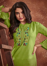 Thumbnail for Monjolika Fashion Cotton Embroidered Green Party Wear Kurti