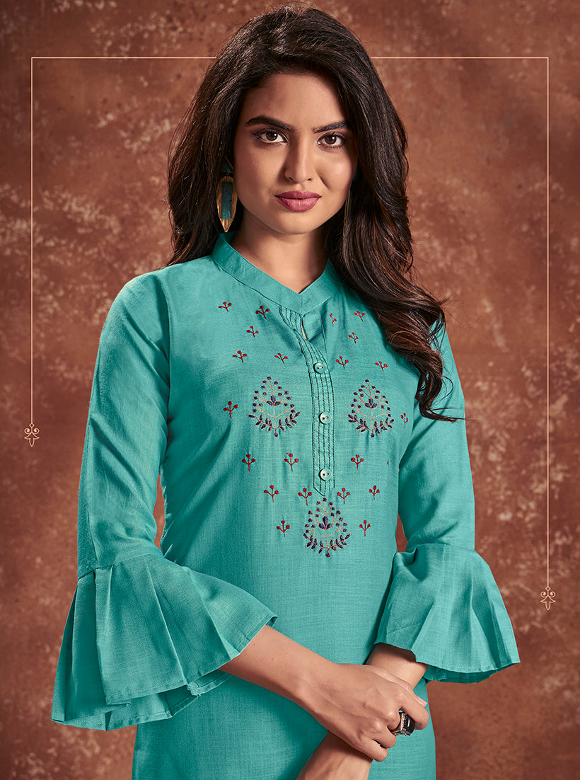 Monjolika Fashion Cotton Embroidered Aqua Blue Party Wear Kurti