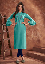 Thumbnail for Monjolika Fashion Cotton Embroidered Aqua Blue Party Wear Kurti