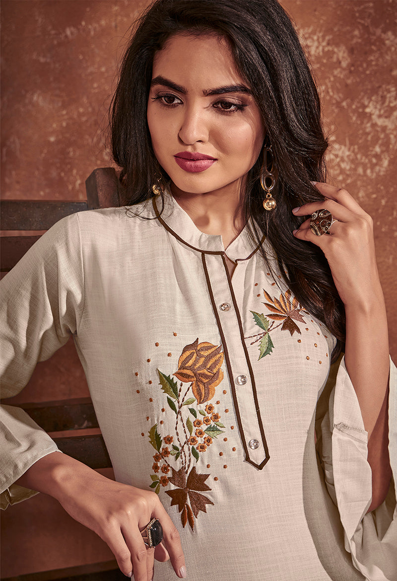 Monjolika Fashion Cotton Embroidered Off White Party Wear Kurti